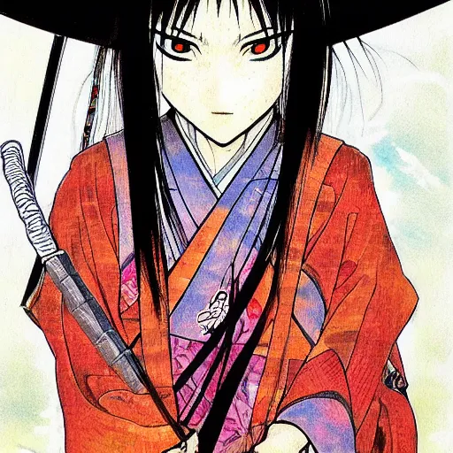 Image similar to anime samurai girl by takehiko inoue, colorful