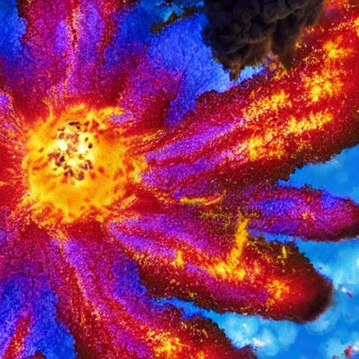 Image similar to beautiful flowers erupting from an aggressive volcano, 8 k, intricate, colorful