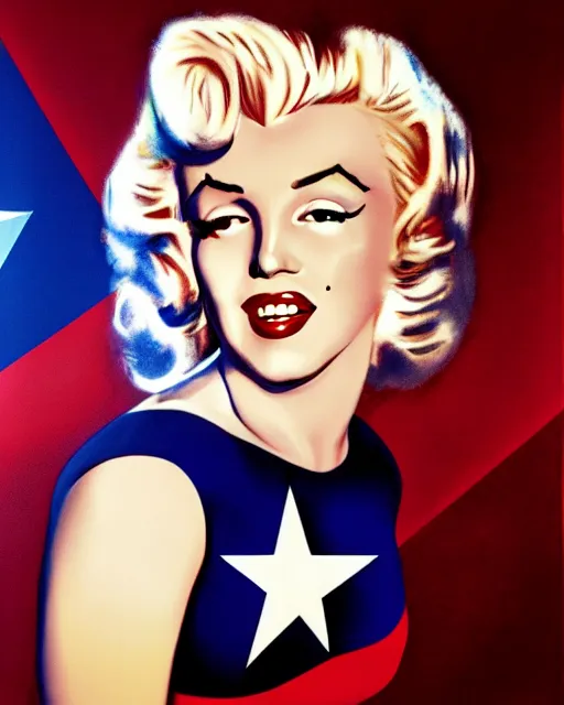 Prompt: Modern color photograph of Marilyn Monroe as Captain America, photorealistic