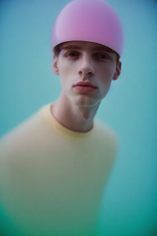 Image similar to high quality pastel coloured film mid angle portrait photograph of a beautiful young 2 0 year old male, soft features, short hair, perspex space visor and oversized inflated clothing!!!! icelandic black! rock pool environment. atmospheric three point light. photographic. art directed. ( pastel colours ). volumetric. clearcoat. waves. 8 k. filmic.