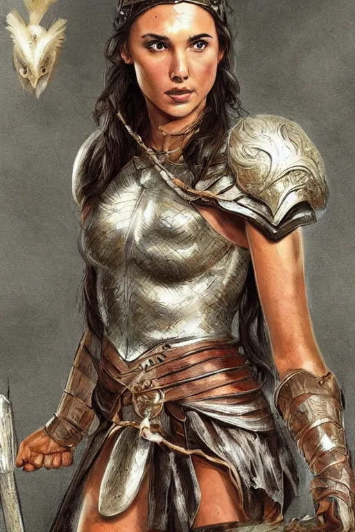 Prompt: a young Gal Gadot as the greek goddess Athena, olive skin, long dark braided hair, corinthian helmet, no other armor, with an owl on her shoulder, intricate, elegant, highly detailed, artstation, concept art, smooth, sharp focus, illustration, , digital art from artstation, digital art from deviantart, by Stjepan Sejic, Ruan Jia, and Mandy Jurgens, and Artgerm, and william adolphe bouguereau
