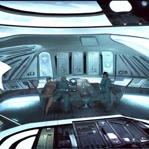 Prompt: inside of the deck of the federation spaceship dakota where the crew is preparing for combat maneuvers against a romulan spaceship, star trek universe, rendered in 3d anime graphics