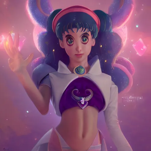 Image similar to A portrait of Sailor-Moon, huggy wuggy from poppy playtime video game, fullbody, ultra high detailed, glowing lights, oil painting, Greg Rutkowski, Charlie Bowater, Beeple, unreal 5, DAZ, hyperrealistic, octane render, RPG portrait, dynamic lighting, fantasy art, beautiful face