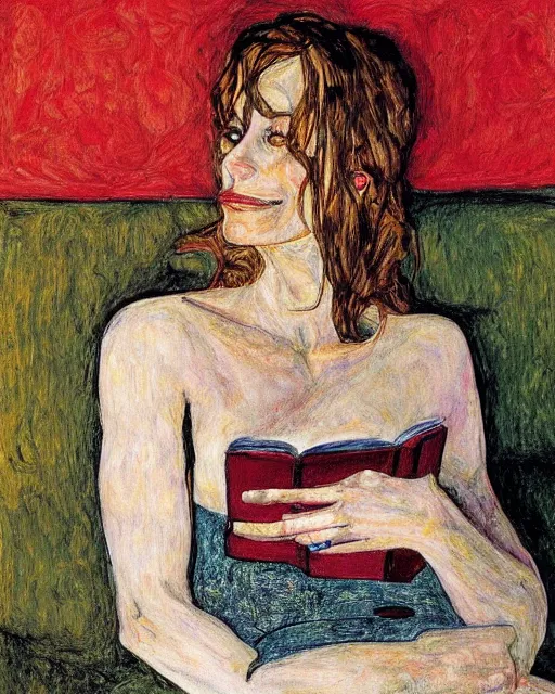 Image similar to portrait of julia roberts on the sofa reading a book, in the style of Egon Schiele
