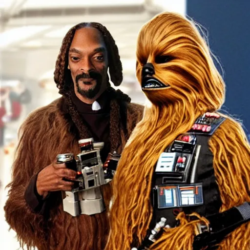 Image similar to snoop dogg as chewbacca and martha stewart as han solo in star wars