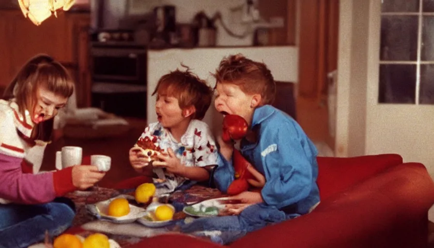 Image similar to 1990s candid 35mm photo of a beautiful day in the family kitchen , cinematic lighting, cinematic look, golden hour, Nintendo's Kirby is eating the family sofa, kids are crying, the Sofa is in Kirby's mouth, UHD