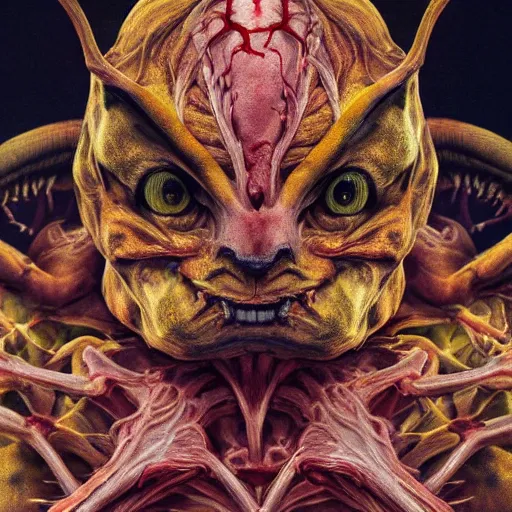 Image similar to portrait of Pikachu as a demonic creature with translucent skin, visible muscles and veins and arteries and bones and spines and nerves, beautiful detailed intricate insanely detailed octane render, 8k artistic photography, photorealistic, chiaroscuro, by David Cronenberg, Raphael, Caravaggio