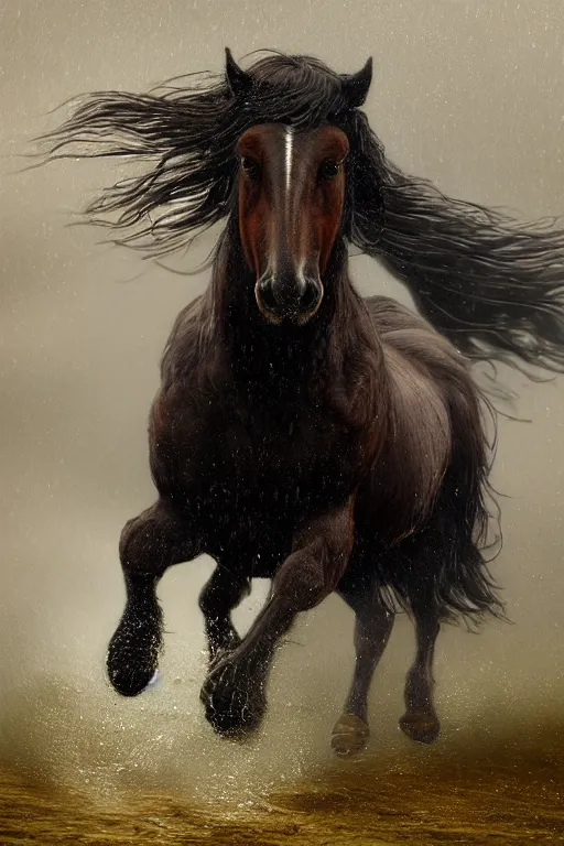 Image similar to Greek shire horse running in the rain, 4k detailed hyperrealistic digital photo by Justin Gerard, Beeple, Gustave Dore, Artstation, CGsociety