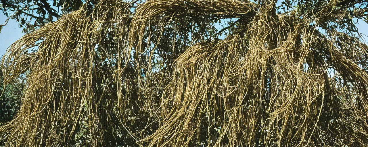 Image similar to wide shot of spaghetti growing on a tree, in a large field, in the style of galen rowell, canon 2 0 mm, photograph, kodachrome