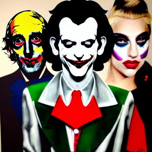 Image similar to richard hamilton and mimmo rottela and banksy as joaquin phoenix skinny joker holding hand lady gaga harley queen, ultra photorealistic, intricate details, pop art style, baroque, ultra hyperdetailed, concept art, ultrarealistic, 3 colors, smooth, sharp focus
