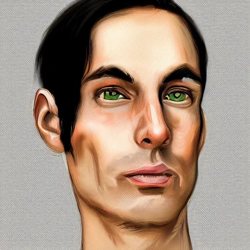 Prompt: a digital portrait of a 33 year old with black hair,hazel green eyes, drawn in the style of mark Arian