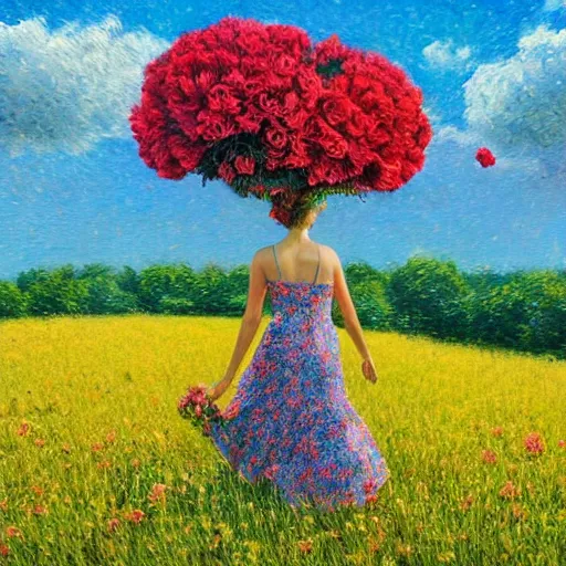 Image similar to giant red carnation afro, full body, girl walking in the middle of a field with flowers, surreal photography, hills, sunrise dramatic light, impressionist painting, colorful clouds, digital painting, pointillism, artstation, simon stalenhag