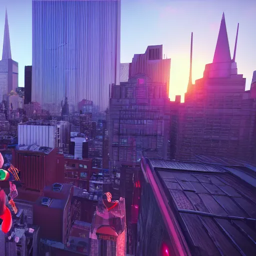 Image similar to Batman on a rooftop in NYC, at dawn, fighting off a blood thirsty group of Teletubbies. 4K, ultra HD, Rendered in Unreal Engine 5.