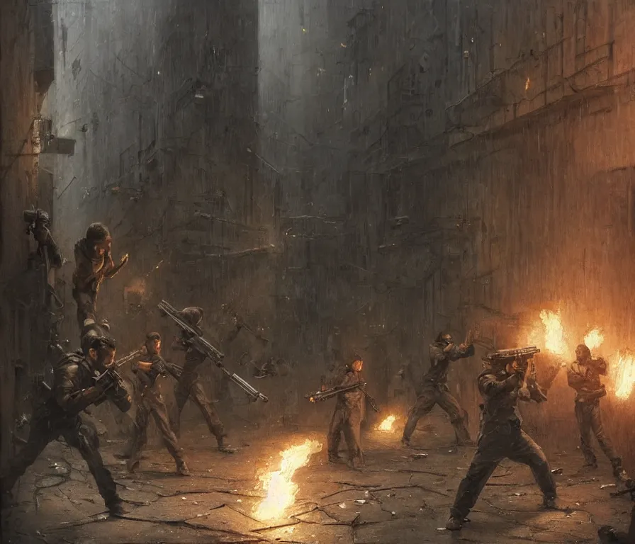 Prompt: close up on dystopian resistance fighters fire guns together | brutalist narrow alley | highly detailed concept art for a film. by greg rutkowski, john j. park, jason chan, noah bradley, feng zhu, gustave courbet, rosa bonheur, edward hopper. sharp focus, cinematic atmosphere, detailed and intricate, perfect anatomy