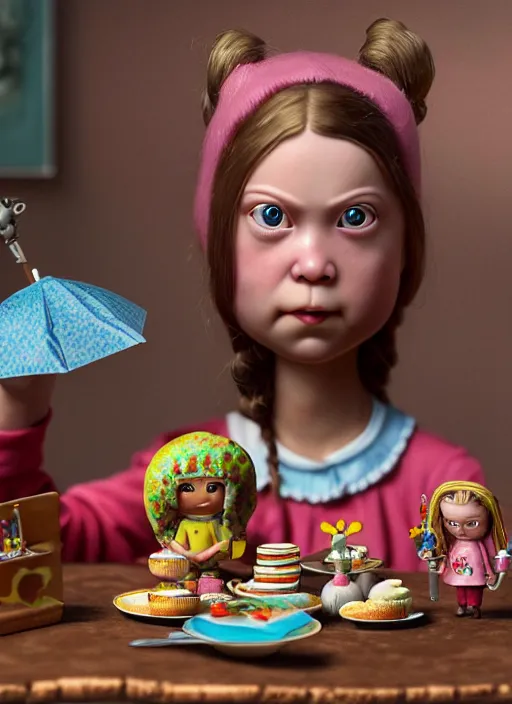 Prompt: highly detailed closeup, portrait of a tin toy greta thunberg eating cakes, unreal engine, nicoletta ceccoli, mark ryden, earl norem, lostfish, global illumination, detailed and intricate environment