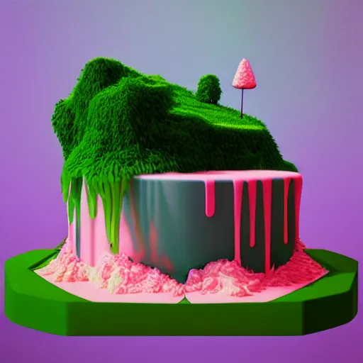 Image similar to “ a birthday cake in a lush landscape by Beeple”