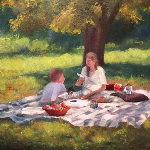 Image similar to a picnic with no people, oil painting, pale colors, high detail, 8 k, wide angle, trending on artstation,