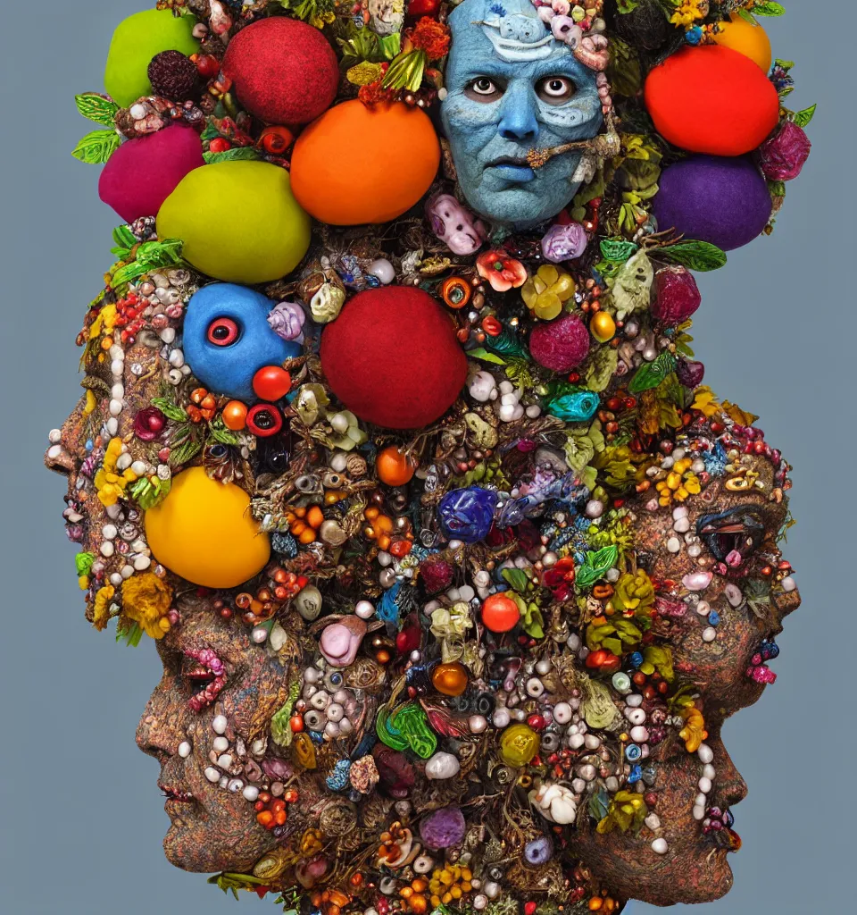 Image similar to portrait headshot of a scary nature spirit, head made of fruit gems and flowers in the style of arcimboldo, ashley bickerton, fragonard, photorealistic, dynamic lighting, action figure, clay sculpture, claymation, dull blue cloudy background