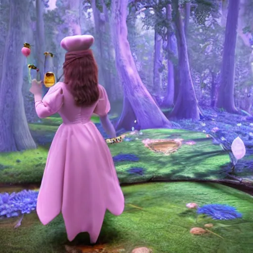 Image similar to photo of Alice in Wonderland encounter a 3d render emote in the forest