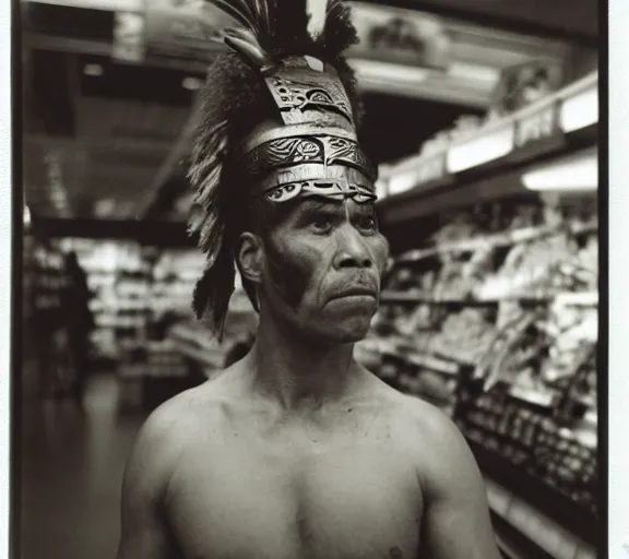 Image similar to low angle photography, maori warrior in a grocery store, deep focus, elegant, highly detailed, polaroid 6 0 0, matte, sharp focus, art by nan goldin, cinematographyby jom jarmusch