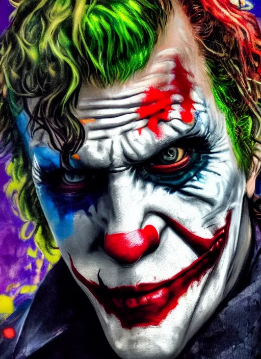 Prompt: abstract portrait of the joker in gears of war, city in the background, the joker 2 0 1 9, studio lightning, beautiful face and eyes, rule of thirds, face symmetry, colourful spray paint splatters, expressive, fine art, by jeremy mann, by alphonse mucha, by monet, 4 k, 8 k, correct body proportion, vivid cinematic style