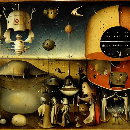 Prompt: robotic dreams of the world beyond, painted by hieronymus bosch