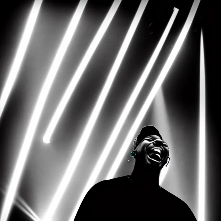 Prompt: rapper laughing into microphone, epic angle, profile view, silhouetted, distinct, psychedelic hip-hop, laser light show, beams of light