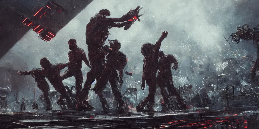 Image similar to concept art, of a close view of [ rage against the machine ] band memebers!!! humans fighting with robots!!!, concert, detailed, close shot, dark concept art, dark skies painting by wlop, nixeu and greg rutkowski, beautiful, semirealism, artstation, octane render, oil painting, sharpness, 8 k, golden ratio