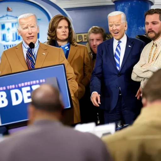 Image similar to the dude abides with joe biden in the press briefing room