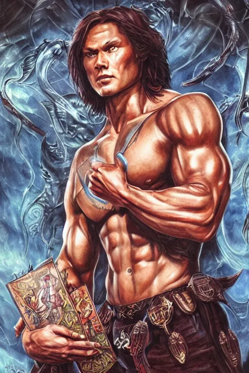 Image similar to muscular Sam Winchester with religious tattoos all over him, as a Spellcaster, holding a book with glowing runes on the cover, D&D dark fantasy style, sharp focus, ultra detailed, art by Artgerm and Peter Andrew Jones, Karol Bak, Ayami Kojima, Amano and Olivier Ledroit