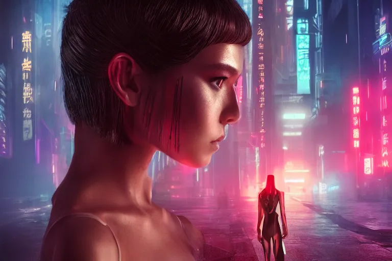 Image similar to 4 k remaster extremely detailed cinematic movie still from blade runner 2 0 4 9 of a japanese cyborg warrior princess in the street, megabuildings, face by artgerm, cyber noir, bokeh, denis villeneuve, rich colors, night, road