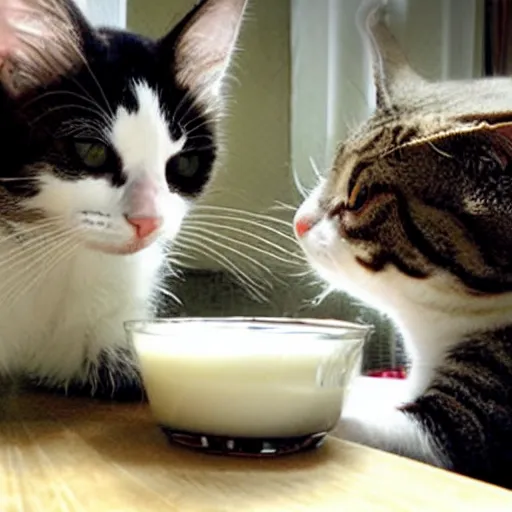 Image similar to cat first person perspective of drinking milk. through the eyes of a cat. research