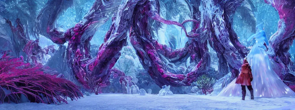 Image similar to large glowing woman made of ice, walking in a dense alien snow covered frosty jungle, with snow covered colourful red, blue and purple plants, large vines, snow covered arched organic rock structures, in the style of monster hunter world, like concept art on artstation, hyperdetailed, vray render, octane render,