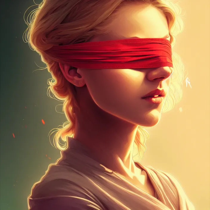 Image similar to blindfold handsome young women with shoulder length blonde hair, symmetrical, half body shot, path traced, highly detailed, high quality, digital painting, alena aenami, lilia alvarado, shinji aramaki, karol bak, alphonse mucha, tom bagshaw