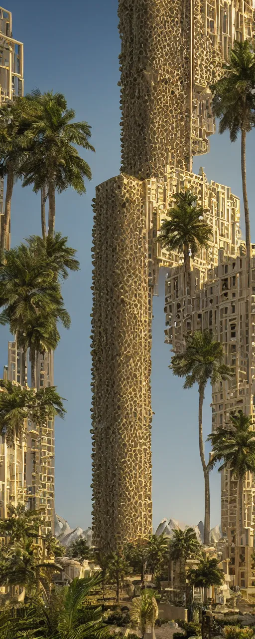 Prompt: photorealistic photo a contemporary babylon tower, golden details, stone facade, sacred geometry architecture, cascading highrise, arid mountains with lush palm forest, sunlight, post - production, octane, cgi, sfx