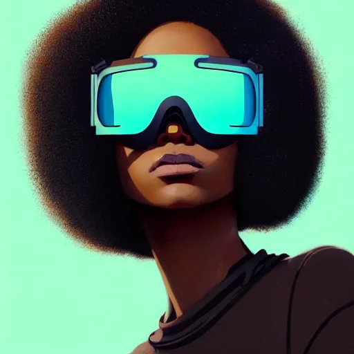 Image similar to Beautiful woman wearing opaque reflective goggles profile picture by Greg Rutkowski, brown skin, long afro hair, asymmetrical, futuristic, cool colors, streetwear, studio ghibli, Organic Painting , Matte Painting, geometric shapes, hard edges, street art, trending on the artstation, fantasy LUT, realistic by Sachin Teng + Martin Grip + Moebius, techwear, Industrial Scifi, detailed illustration, character portrait,