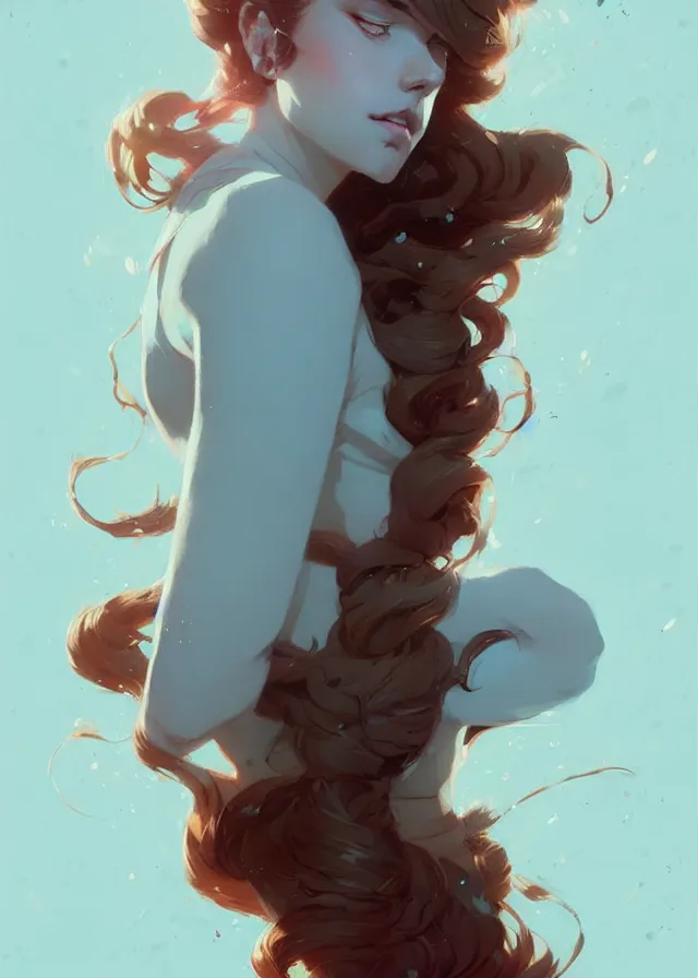 Image similar to beautiful artistic - wave highly detailed full - body portrait female, front facing, long red hair, by atey ghailan, by greg rutkowski, by greg tocchini, by james gilleard, by joe fenton, by kaethe butcher, dynamic lighting, gradient light blue, brown, blonde cream and white color scheme, grunge aesthetic