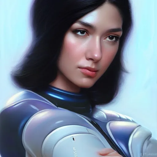 Image similar to a portrait of a very beautiful woman in a spacesuit, Alexandria\'s genesis, shoulder-length black hair, bored, illustration, soft lighting, soft details, painting oil on canvas by mark arian by artgerm, trending on artstation, 4k, 8k, HD