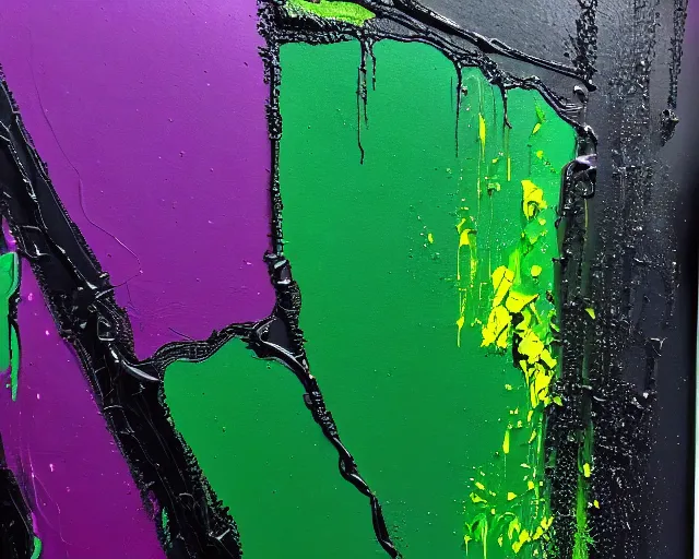 Prompt: abstract painting in black, dark green, purple. 8k, dripping paint, paint spill, extreme detail, intricate detail, masterpiece, trending on artstation,