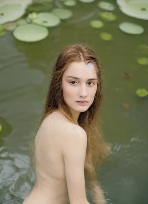 Image similar to Kodak Portra 400, 8K, soft light, volumetric lighting, highly detailed, britt marling style 3/4 ,portrait photo Close-up portrait photography of a beautiful woman how pre-Raphaelites, the face emerges from a pond surrounded by lily pads, thermal waters flowing down white travertine terraces, inspired by Ophelia paint ,and hair are intricate with highly detailed realistic beautiful flowers , Realistic, Refined, Highly Detailed, interstellar outdoor soft pastel lighting colors scheme, outdoor fine art photography, Hyper realistic, photo realistic