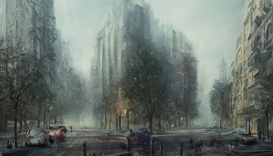 Image similar to magnificent city in late spring, flowers will fade, some fog, realistic style, high details, scene concept. digital art, trending on artstation