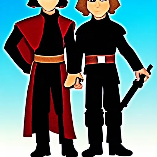 Prompt: cartoon of anakin skywalker and luke skywalker standing proudly shoulder to shoulder