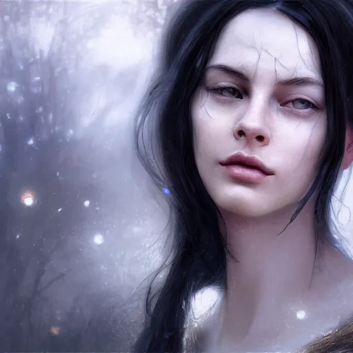 Prompt: Masterpiece! portrait of Arwen, an aesthetic beautiful! realistic black haired priestess, face close up, 30 years old woman, looks like young Liv Tyler, lotr , praying, with tears, soft cinematic light, digital painting by WLOP, atmospheric effects, fireflies, 8K, octane render, artstation, deviantart, closer view, dark purple blue tones