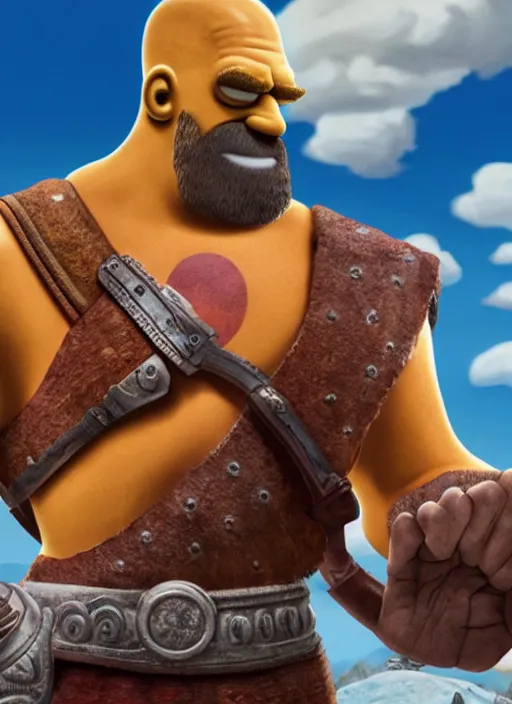 Image similar to Homer Simpson depicted as Kratos God of War, high detailed official artwork