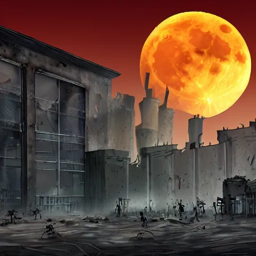 Image similar to ruins of a factory in the night enlightens by the full moon, there are zombies walking around, photorealistic