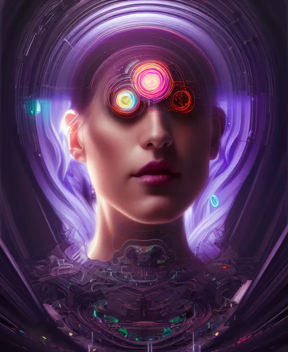 Image similar to a whirlwind of souls rushing inside the metaverse, hologram, half body, neurochip, shaved temple, piercing, jewelry, android, cyborg, cyberpunk face, by loish, d & d, fantasy, intricate, elegant, highly detailed, colorful, digital painting, artstation, concept art, art by artgerm and greg rutkowski and alphonse mucha