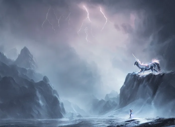 Image similar to unicorn fighting a dragon, beautiful snowy landscape, lightning storm, dramatic lightning, cinematic, establishing shot, extremly high detail, photorealistic, cinematic lighting, epic fight scene, post processed, concept art, artstation, matte painting, style by greg rutkowsky