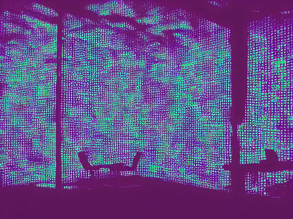 Image similar to room with overlaping screens projecting art, pixel perfect image, high contrast, volumetric lighting, tiny neon light, chair, user, pair of keys