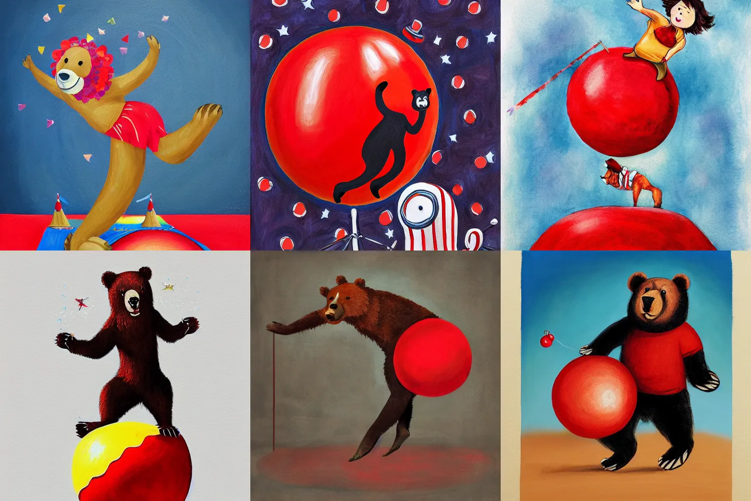 Prompt: a dancing bear on a big red ball. circus, realistic, illustration, painting, performance.