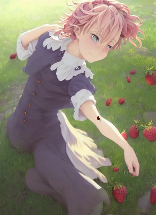 Prompt: Painting of a cottagecore witch with side-shaved strawberry hair in the style of Violet Evergarden, beautiful anime art style, winged eyelashes, countryside, calm, fantasy character portrait, dark outlines, dynamic pose, above view, sunny day, artwork by Makoto Shinkai, very coherent asymmetrical artwork, sharp edges, perfect face, simple form, 100mm